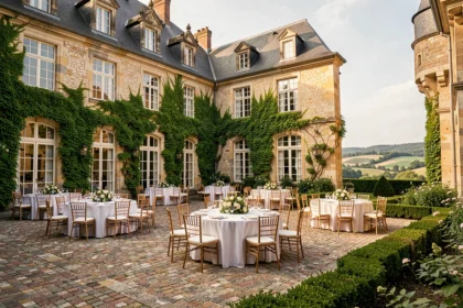 Vue panoramique d'un château de réception dans le Grand Est avec terrasse en pierre et jardins à la française
