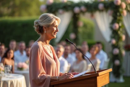 Mère de la mariée émue prononçant son discours lors d'un mariage en plein air