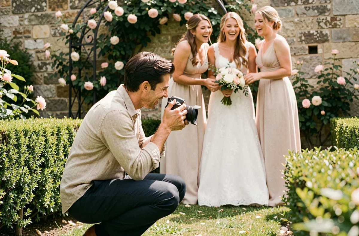 Morgan Degorre photographe de mariage en action dans un jardin fleuri du Pas-de-Calais