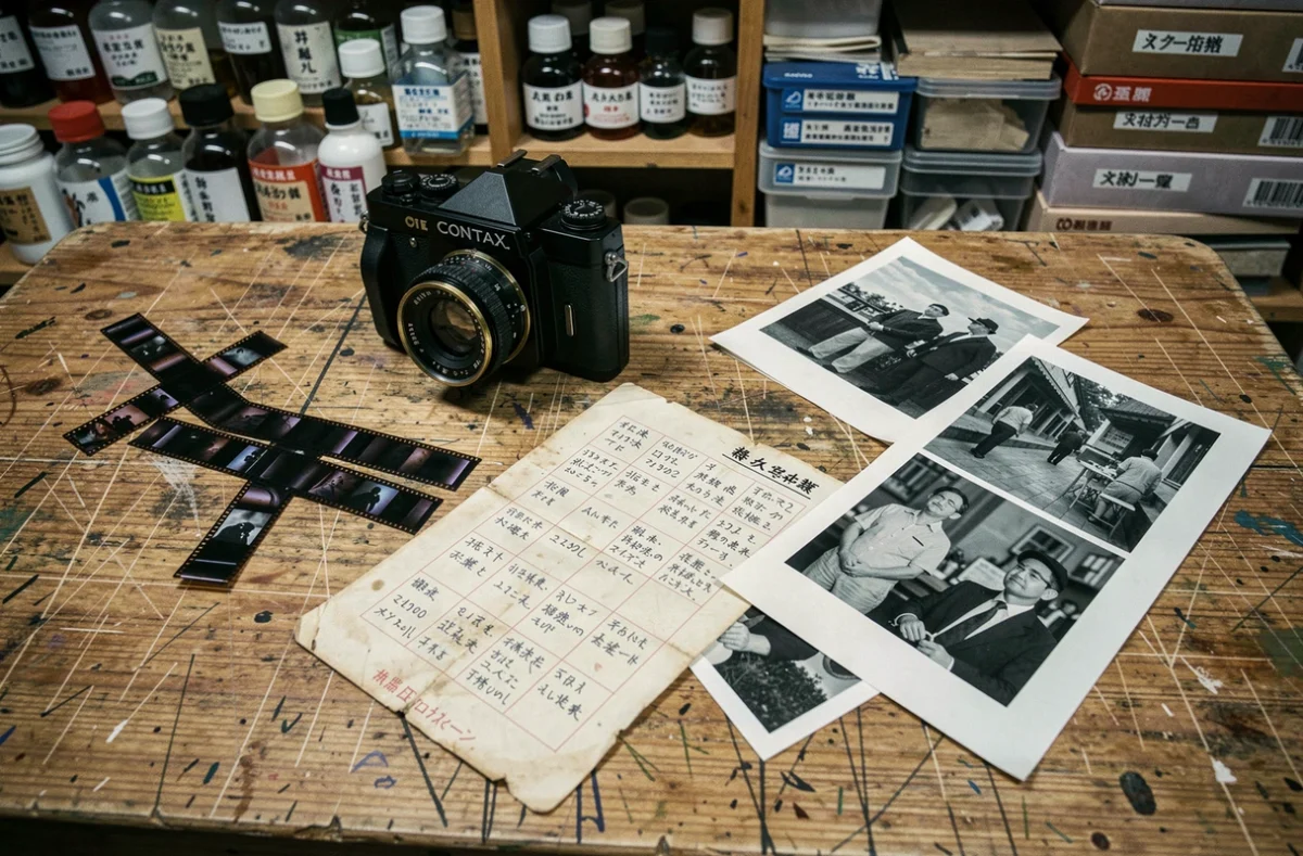 Collection d'objets photographiques argentiques sur un bureau de darkroom japonais, appareil Contax et planches contact style Araki