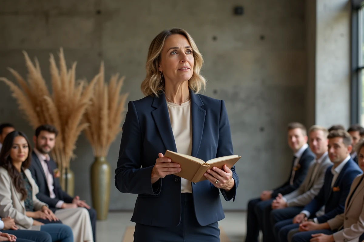 Officiante laïque lisant le discours de cérémonie lors d'un mariage civil alternatif en salle urbaine