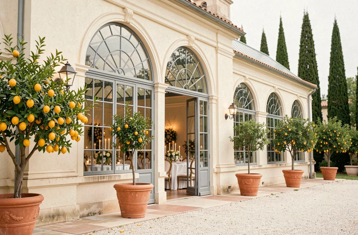L'Orangerie de Lacoste avec sa façade en arches de verre et fer forgé, ses orangers en pots et sa décoration de réception de mariage intérieure