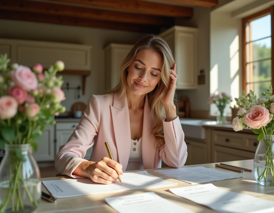 Femme organisant discrètement un mariage surprise à la maison avec une liste d'invités et des cartes de menu manuscrites
