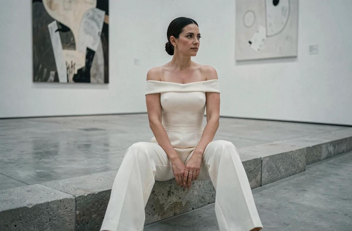 Femme mariée en combinaison pantalon palazzo ivoire dans un musée d'art contemporain, style épuré et moderne pour pantalon de mariée tendance 2026