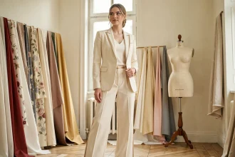 Femme portant un pantalon mariée ivoire taille haute en crêpe dans un atelier de couture parisien, look élégant et contemporain pour mariage 2026