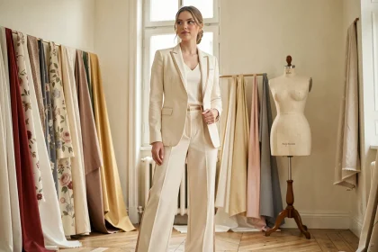 Femme portant un pantalon mariée ivoire taille haute en crêpe dans un atelier de couture parisien, look élégant et contemporain pour mariage 2026