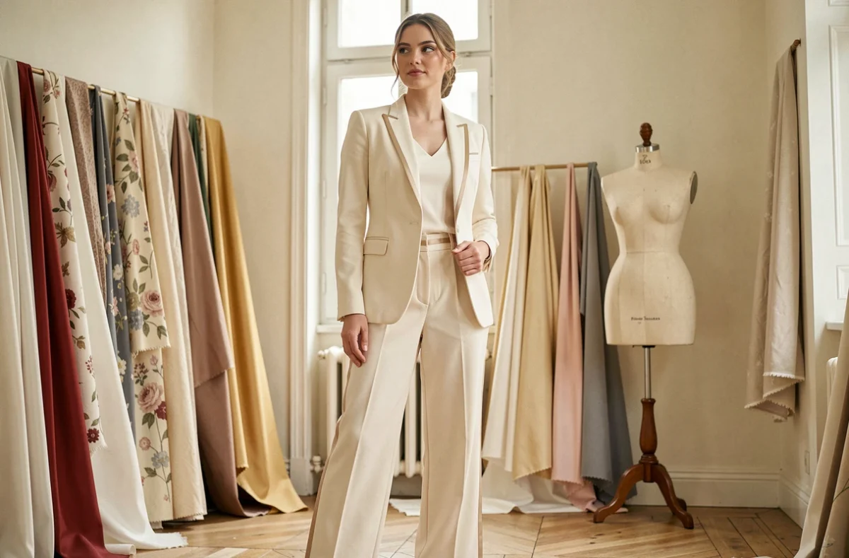 Femme portant un pantalon mariée ivoire taille haute en crêpe dans un atelier de couture parisien, look élégant et contemporain pour mariage 2026