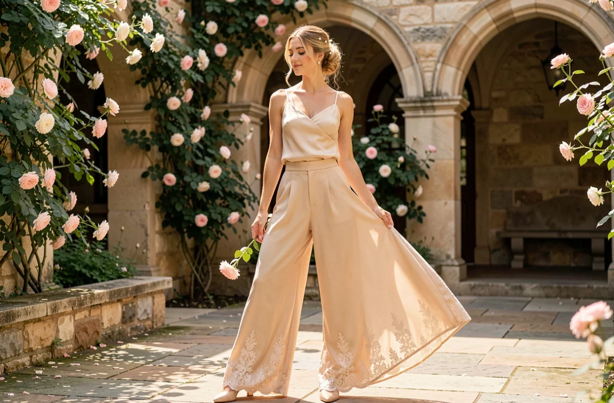 Mariée en pantalon large en soie champagne avec broderies en dentelle dans un jardin fleuri, tendance pantalon mariée pour femme 2026
