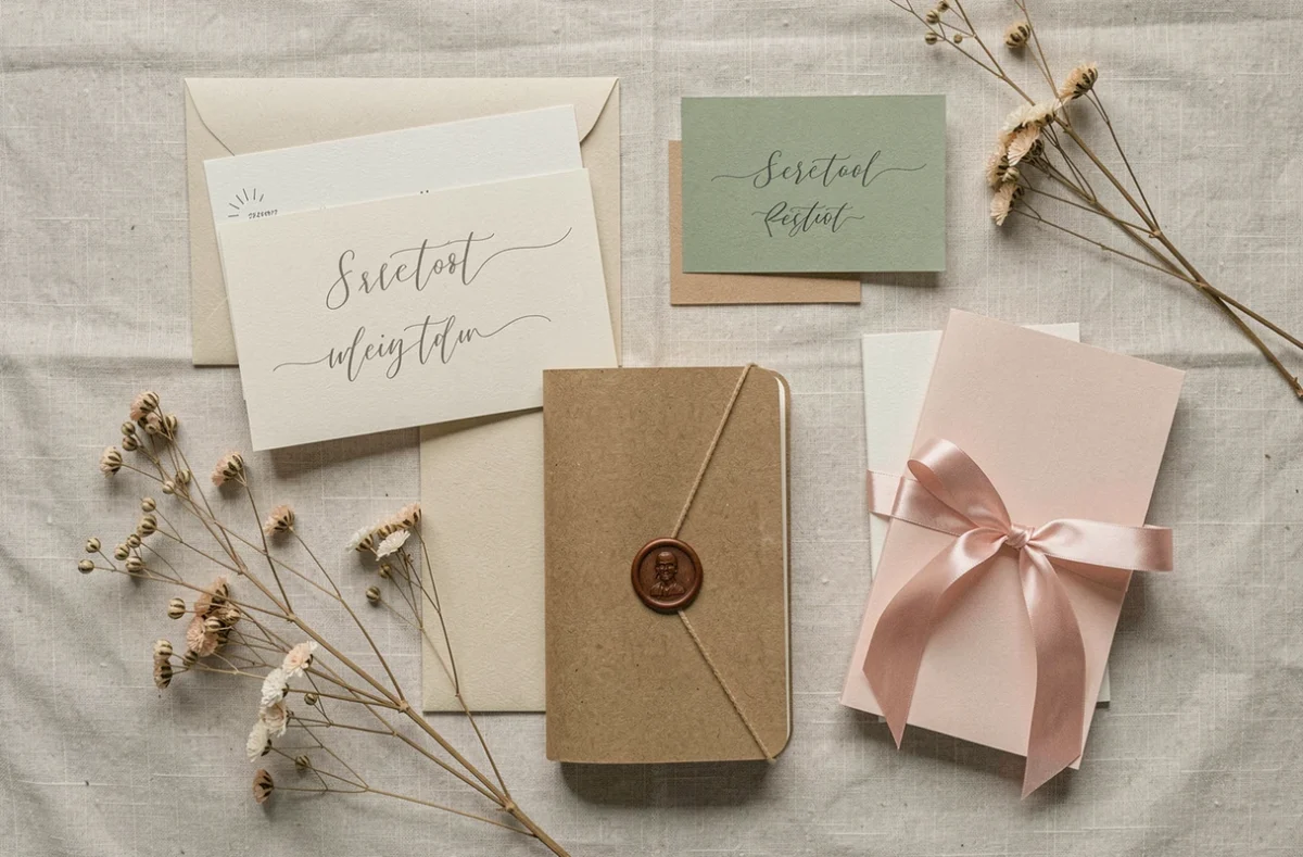Flat lay de papeterie de mariage artisanale avec carnets, cartes escort et fleurs séchées sur lin ivoire