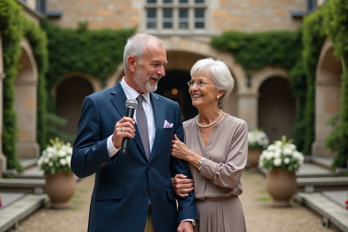 Parents des mariés prononçant ensemble un discours émouvant dans la cour d'un château
