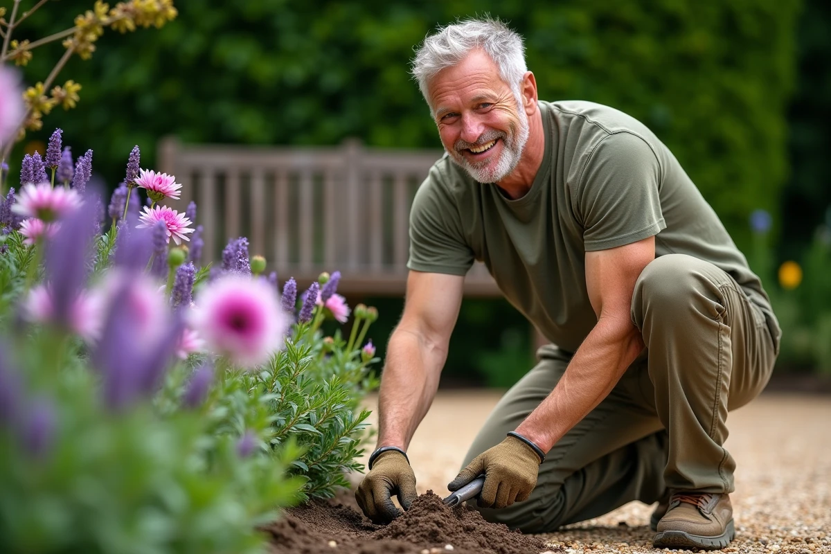 Homme passionné de jardinage soignant ses dahlias et sa lavande dans un jardin intime, reflet d'une vie paisible à deux