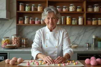 Confectionneuse en atelier arrangeant des dragées colorées