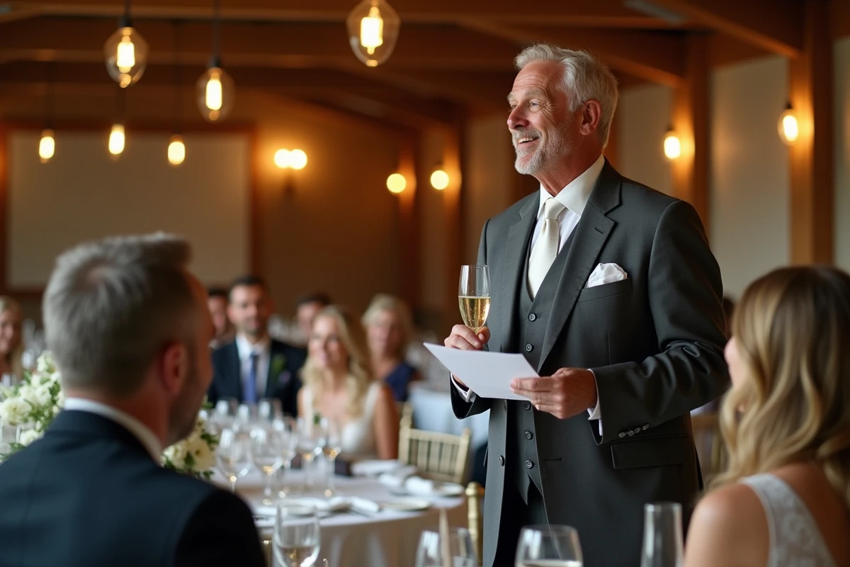 Père du marié prononçant un discours touchant lors d'une réception de mariage en salle