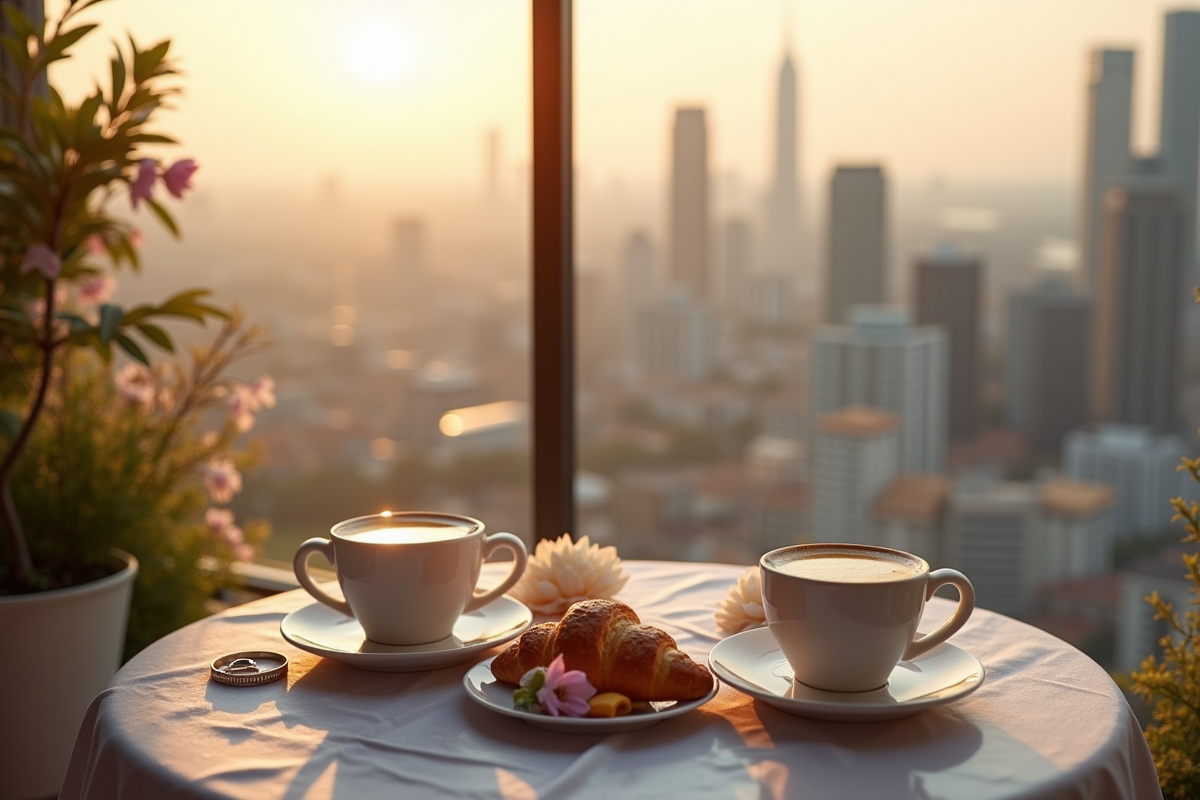 Petit déjeuner romantique sur balcon avec vue sur la ville