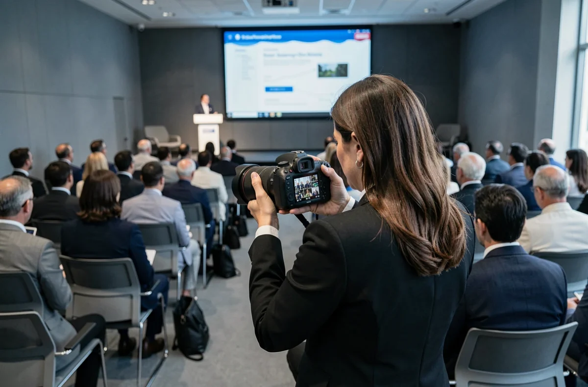 Photographe professionnelle lors d'une conférence d'entreprise, consultant ses photos dans une grande salle de réunion moderne