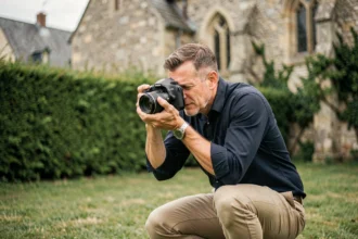 Photographe professionnel en action lors d'un mariage en plein air à Tôtes en Normandie