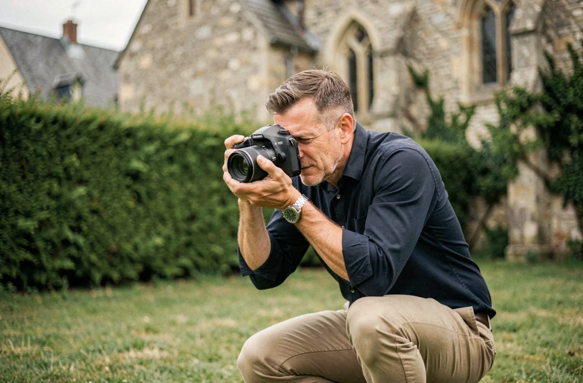 Photographe professionnel en action lors d'un mariage en plein air à Tôtes en Normandie