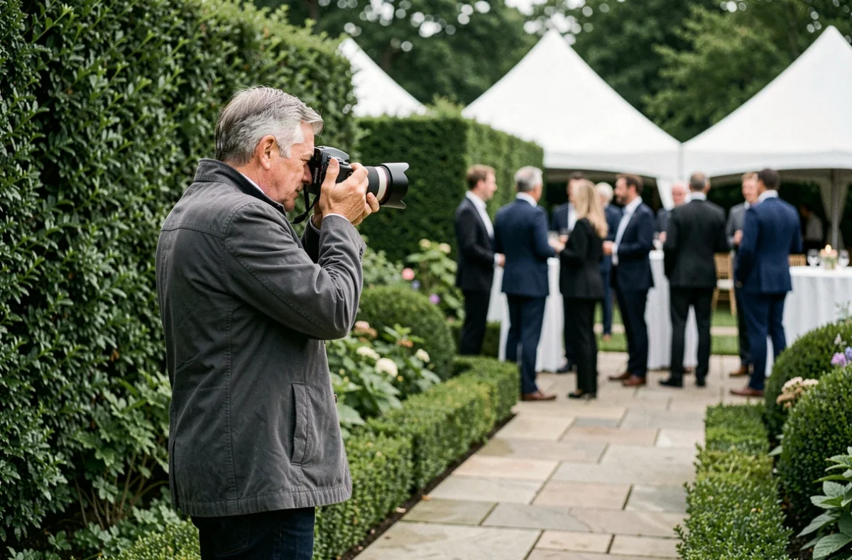 Photographe événementiel en extérieur lors d'une garden party professionnelle, capturant des invités dans un jardin élégant