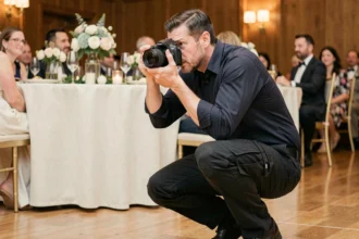 Photographe événementiel en action lors d'une réception de mariage, capturant des invités dans une salle décorée avec élégance
