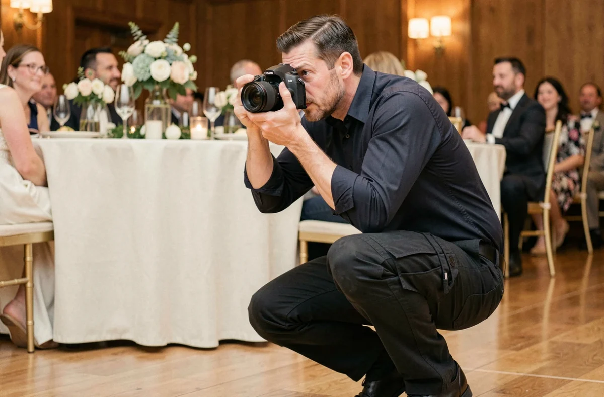Photographe événementiel en action lors d'une réception de mariage, capturant des invités dans une salle décorée avec élégance