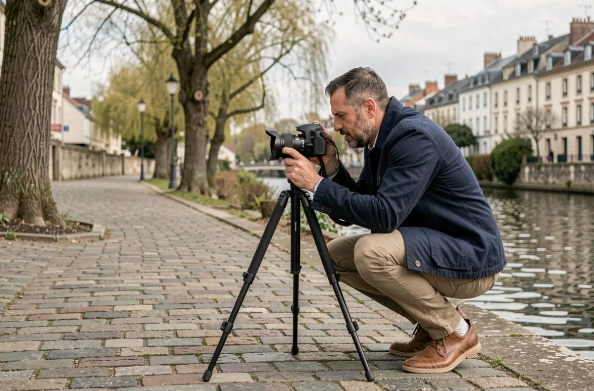 Photographe masculin en extérieur à Draveil cadrant une scène au bord de la rivière avec son trépied