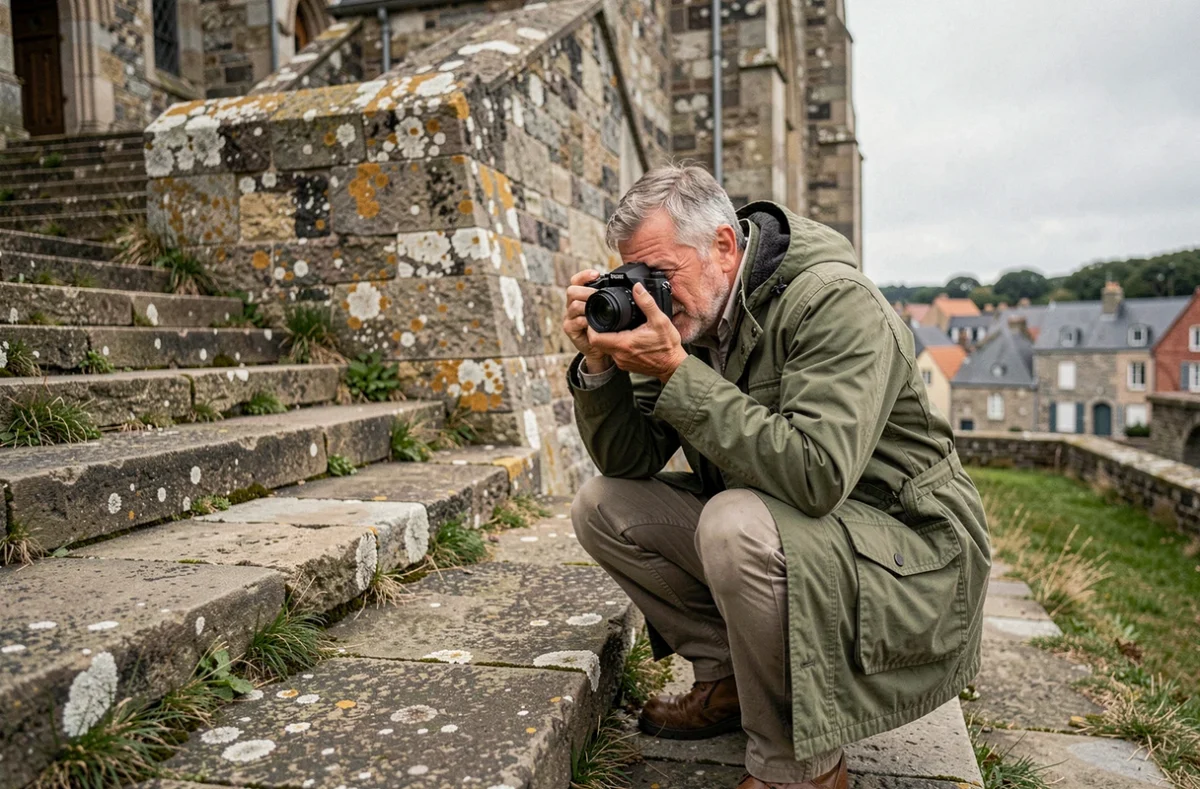 Photographe en extérieur capturant des images près de l'église de Brélévenez sur les célèbres escaliers de Lannion