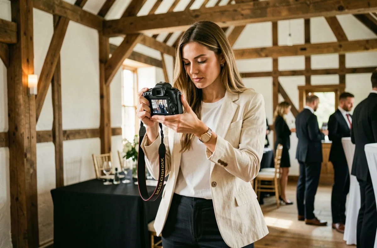 Photographe événementielle vérifiant ses clichés lors d'un événement d'entreprise en Normandie