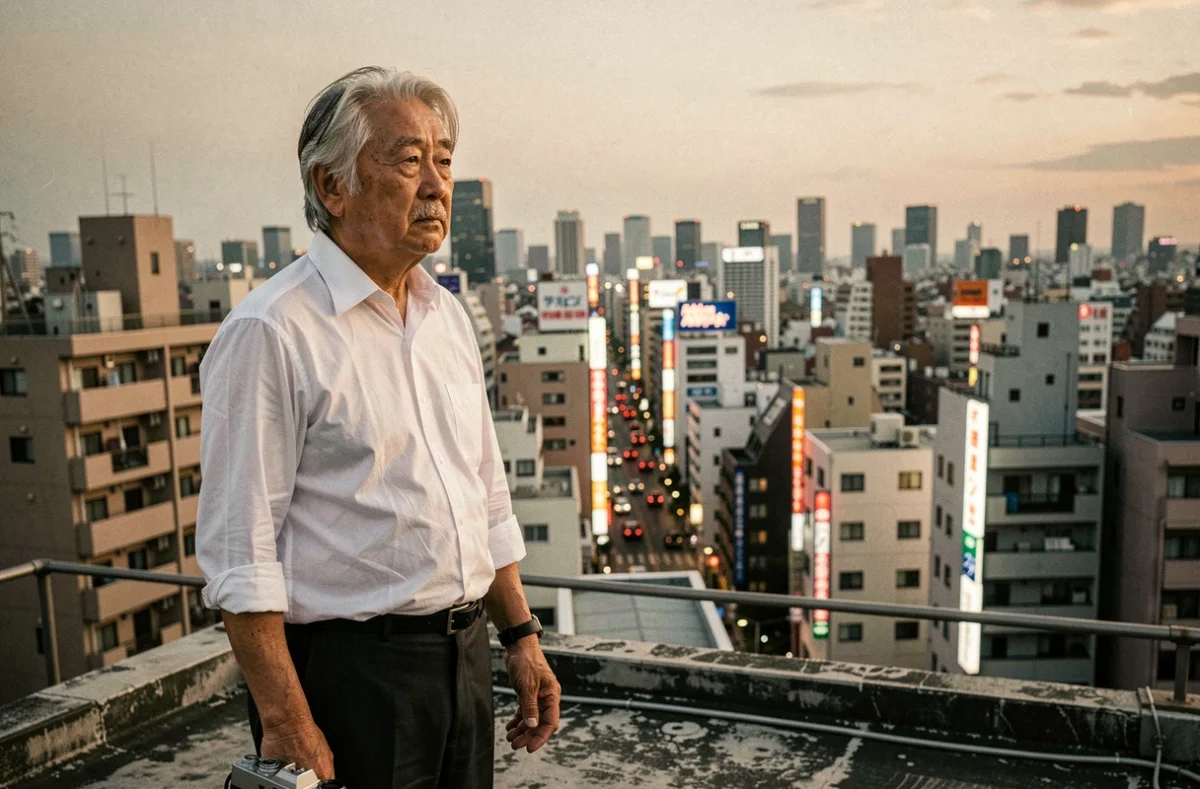 Photographe japonais âgé sur un rooftop de Tokyo tenant un appareil argentique, style documentaire inspiré d'Araki