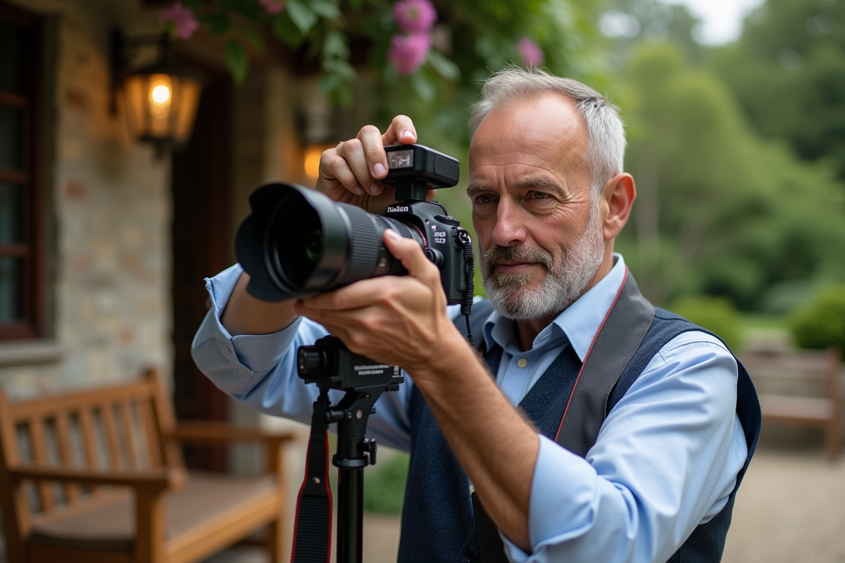 Photographe de mariage ajustant un flash en extérieur