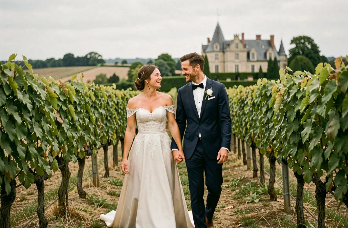 Couple de mariés se promenant dans les vignes du Val de Loire en Maine-et-Loire, photographiés par un photographe de mariage professionnel