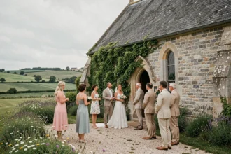Photographe de mariage dans le Pas-de-Calais lors d'une cérémonie champêtre devant une chapelle en pierre