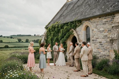 Photographe de mariage dans le Pas-de-Calais lors d'une cérémonie champêtre devant une chapelle en pierre