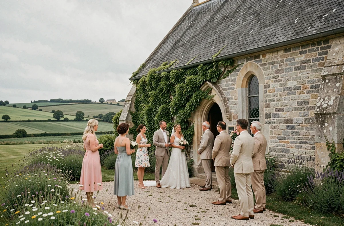 Photographe de mariage dans le Pas-de-Calais lors d'une cérémonie champêtre devant une chapelle en pierre