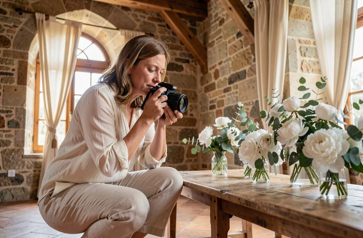 Photographe de mariage professionnelle en action dans un manoir angevin restauré en Maine-et-Loire, capturant les détails d'une réception
