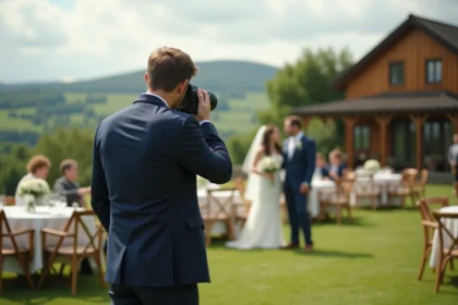 Photographe mariage en extérieur avec couple et invités