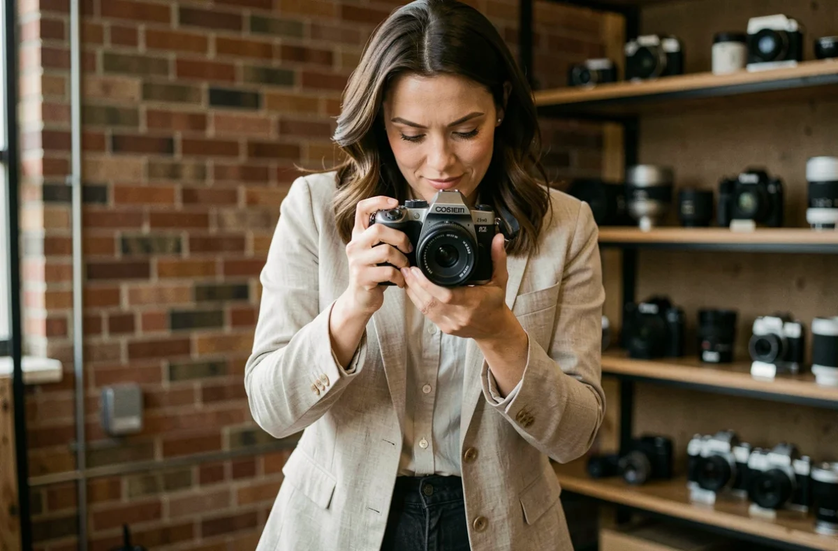 Photographe professionnelle à Draveil consultant ses images sur son appareil photo dans un studio urbain