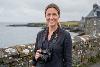 Photographe professionnelle à Lannion tenant un appareil photo reflex devant le paysage côtier breton