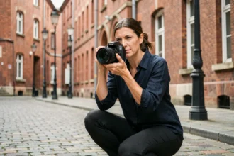 Photographe professionnelle en train de shooter dans les rues de Roubaix avec ses briques rouges flamandes en arrière-plan