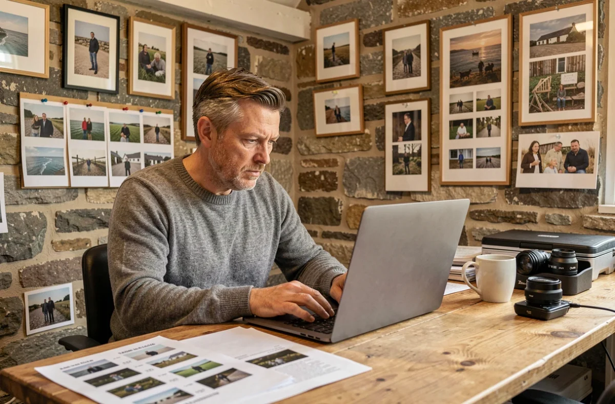 Photographe masculin consultant son portfolio dans un studio breton typique à Lannion