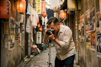 Photographe au style Araki tenant un appareil argentique dans une ruelle de Tokyo, ambiance documentaire urbaine japonaise