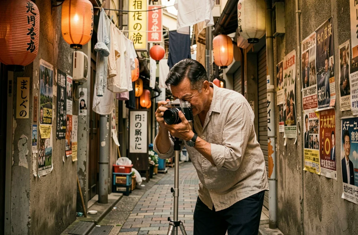 Photographe au style Araki tenant un appareil argentique dans une ruelle de Tokyo, ambiance documentaire urbaine japonaise