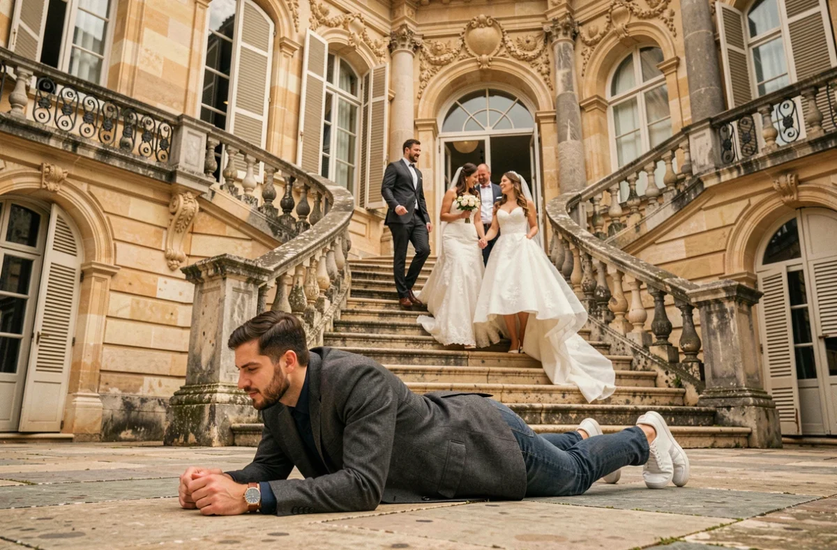 Pic's me five photographe de mariage couché au sol pour capturer une descente d'escalier dans un château du Pas-de-Calais
