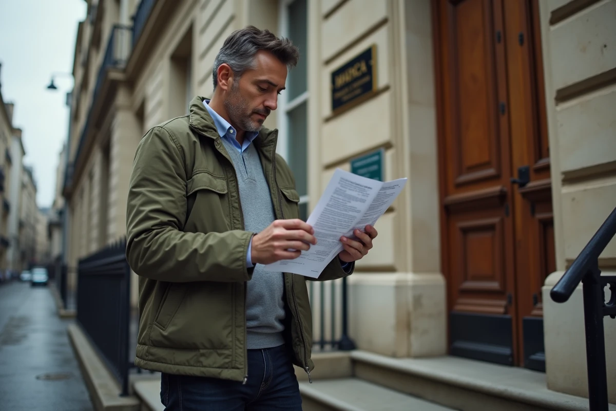 Homme consultant une liste de pièces justificatives devant une mairie ou un consulat français