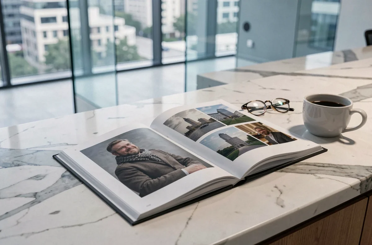 Portfolio d'un photographe professionnel ouvert sur un bureau dans un studio à Boulogne-Billancourt