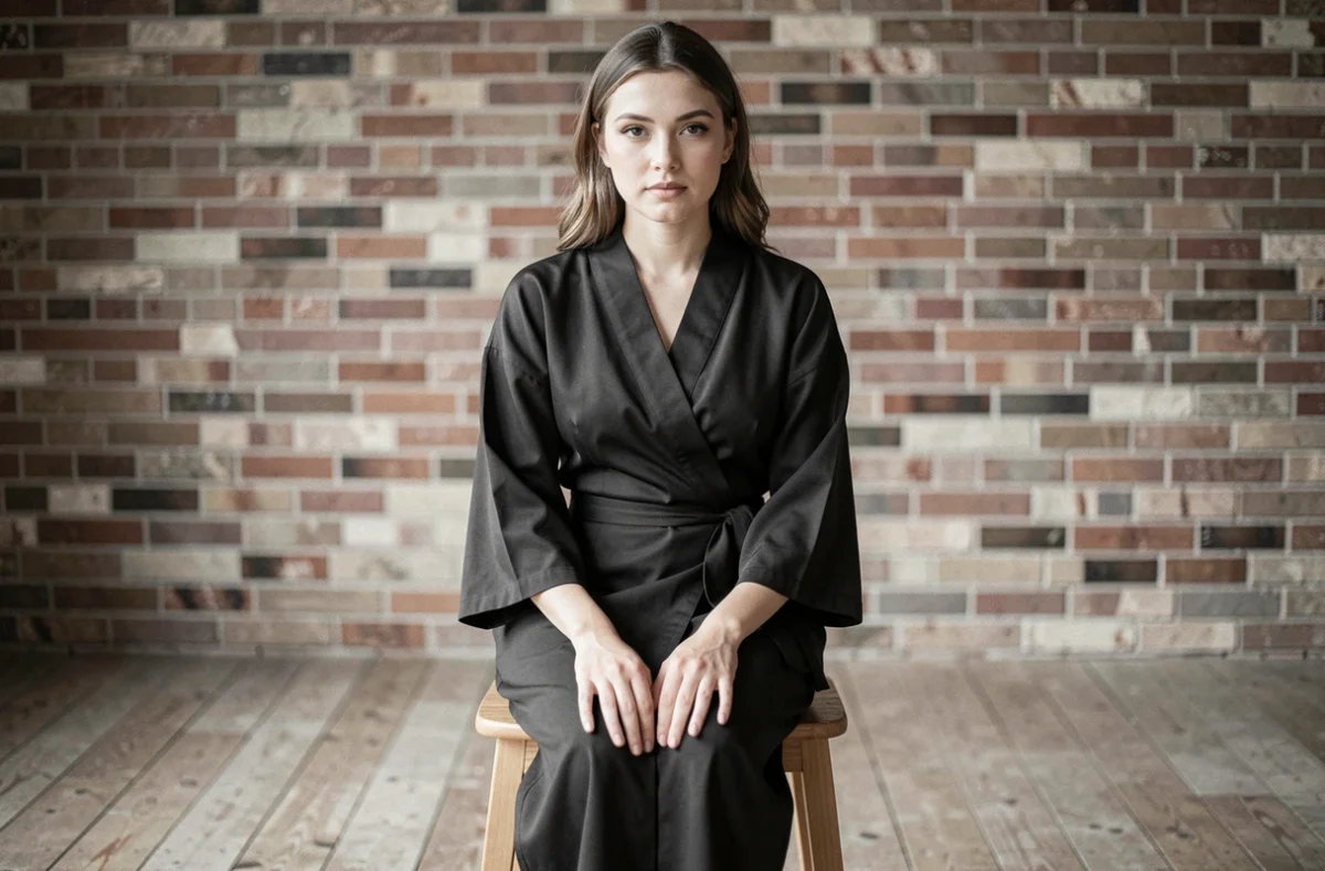 Portrait de femme en kimono moderne dans un studio minimaliste, inspiré de l'esthétique photographique d'Araki