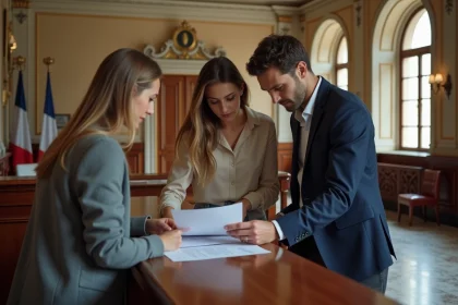 Couple rencontrant une employée de mairie pour déposer les documents de publication des bans de mariage civil
