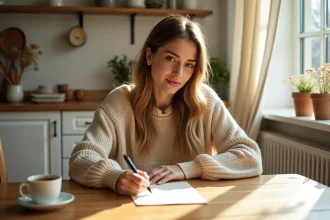 Femme écrivant un message de remerciement manuscrit le lendemain d'une soirée, assise à une table de cuisine chaleureuse avec un café et des fleurs séchées