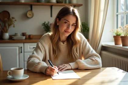 Femme écrivant un message de remerciement manuscrit le lendemain d'une soirée, assise à une table de cuisine chaleureuse avec un café et des fleurs séchées