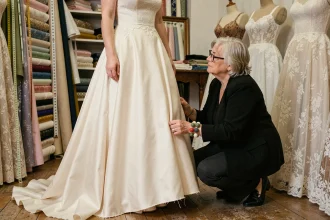 Retouche de robe de mariée pas cher dans une boutique parisienne, couturière ajustant l'ourlet d'une mariée