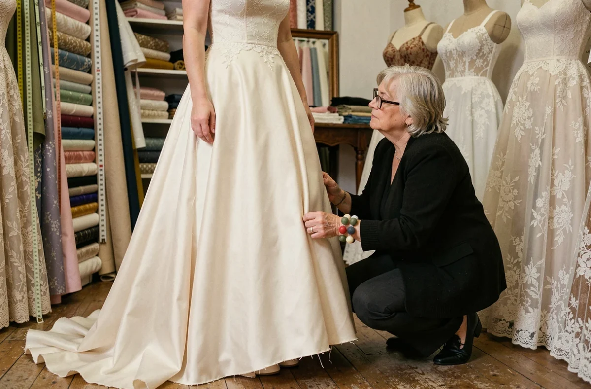 Retouche de robe de mariée pas cher dans une boutique parisienne, couturière ajustant l'ourlet d'une mariée